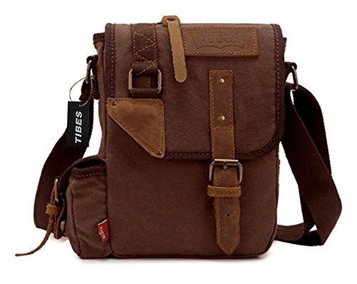 Tibes school Canvas Cross Body Bag Retro Crossbody Bag Casual shoulder bag for Men Coffee - Mens ...