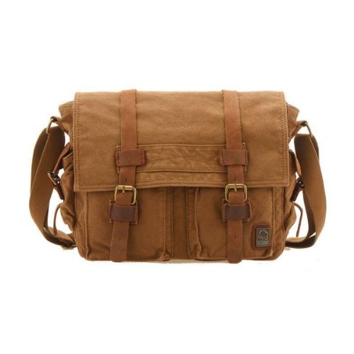 GoGou Vintage Canvas Leather Messenger Bags for Men Laptop Shoulder bags (15&quot; laptop, Khaki ...