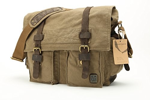 sulandy@ mens womens canvas leather shoulder bag bags (large, army green) - Mens Messenger Bags UK